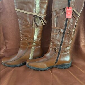 ELLE Waterproof Fur Trim Leather Knee High Winter Boots EU 39 Brown